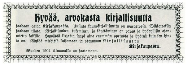 Tyrvään Kirjakaupan mainos Tyrvään Sanomissa 1904.